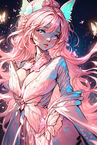 masterpiece, 1 girl, Extremely beautiful woman standing in a glowing lake with very large glowing pink butterfly wings, glowing hair, long cascading hair, neon hair, ornate pink and white butterfly dress, midnight, lots of glowing butterflies flying around, full lips, hyperdetailed face, detailed eyes