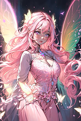 masterpiece, 1 girl, Extremely beautiful woman standing in a glowing lake with very large glowing pink butterfly wings, glowing hair, long cascading hair, neon hair, ornate pink and white butterfly dress, midnight, lots of glowing butterflies flying around, full lips, hyperdetailed face, detailed eyes