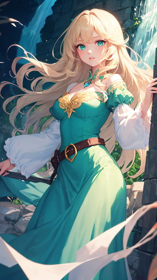 ((best quality)), ((masterpiece)), ((best illustration)), Odette from the swan princess, long cascading blonde hair, long hair, curly hair, detailed green eyes, bright green eyes, Wearing alluring medieval-styled dress, flowing white dress with teal puffed sleeves and teal belt, dress enhanced by intricate details, wearing gold heart-shaped locket, Alluring, sweet, on eye level, scenic, masterpiece, 1 girl, hyperdetailed face, full lips, background is stone bridge and waterfall,yuanyao