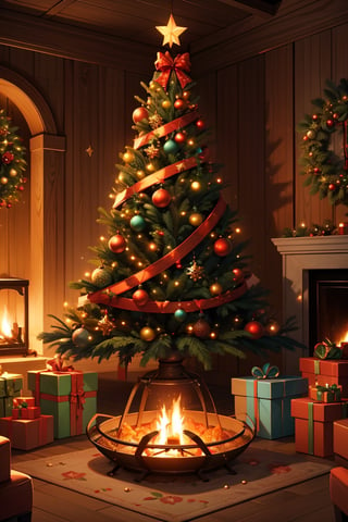 Enchanted magical Christmas tree, a lot of gifts around it, Delicious food on the table, cozy atmosphere in room, firepit nearyby, christmas decoration