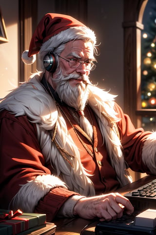 An old man, wearing Santa Claus outfit, (playing video games on computer), Christmas tree in background, cozy home, fat, white hair and beard, wholesome smile, add modern appliance, gaming headphones
(detailed, perfect, beautiful, exotic, special, unique, charming, hypnotic, breathtaking, skindentation, masterpiece, high quality, high resolution, extremely detailed, sharpness, intricate, high quality_textures, high resolution_textures, absurdres, sharp details, award_winning, bokeh, rule_of_thirds, moody lighting, detailed shadows, light diffusion, white_balance, Realism, RAW_Image, realistic, photorealistic environment),