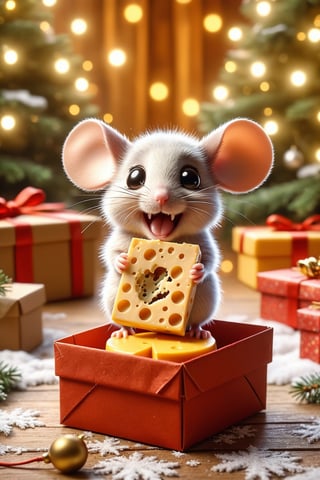 cartoon style a little cute mouse receiving an (open present box) with a (cheese inside:1.5),very (amazed),particle effects,excited,happy,excitement,winter forest backround,christmas tree,fairy lights,(ripped gift paper:1),gifts,hyperdetailed photography,warm light,perfect lighting,,,ral-chrcrts