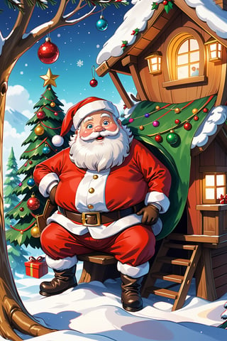 ((Anime)), fat Santa Claus living in a tree house, reindeer in the far back, Christmas tree, more detail XL, SFW, solo, closeup shot,