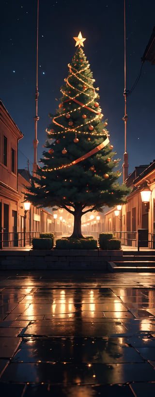 Silhouette of a big Christmas Tree in the town, detailed lightings on tree, Christmas lighting, (realism: 1.2), Best Quality, Masterpiece, Natural Light, (RAW Photo, Best Quality, Masterpiece: 1.2), Ray-traced reflections, ultra-high resolution, 16k images, depth of field, starry sky, Anime Art Wallpaper 4K, Anime Art Wallpaper 4K, Anime Art Wallpaper 8K, amazing wallpaper,