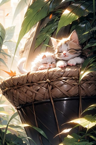 A little kitten, orange fur, sleeping on a pile of leaves, a large tree in background, ,midjourney,cat
