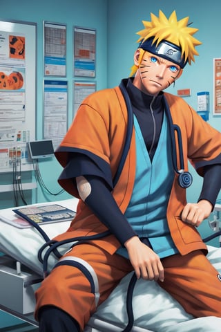 a highly detailed beautiful portrait of Naruto Uzumaki that looks like a doctor in a hospital, in a hospital room, designed in Studio Gibhli style, blue_eyes, full_body