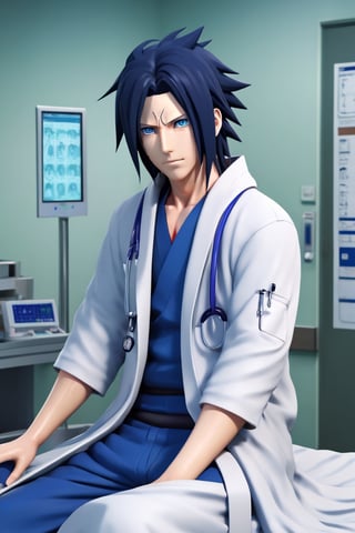 a highly detailed beautiful portrait of Sasuke Uchiha that looks like a doctor in a hospital, in a hospital room, designed in Studio Gibhli style, blue_eyes, full_body