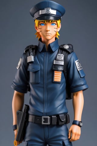 a highly detailed beautiful portrait of Naruto Uzumaki that looks like a police officer, wearing a full police uniform on duty, designed in Studio Gibhli style, blue_eyes, full_body, 