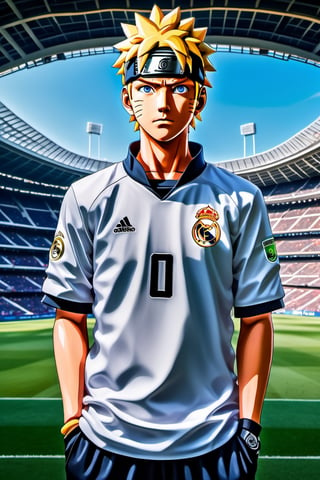 a highly detailed beautiful portrait of Naruto Uzumaki wearing the football shirt white of the Real Madrid FC club, standing in the middle of a football stadium,mecha