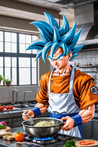 a highly detailed beautiful portrait of Son Goku from dragon ball that looks like a chef is cooking in the kitchen, wearing a chef's uniform, designed in Studio Gibhli style, blue_eyes, full_body, 