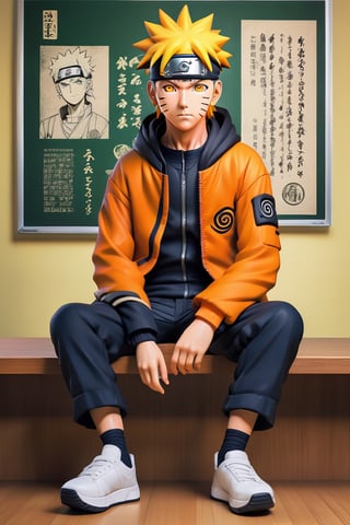 a highly detailed beautiful portrait of Naruto Uzumaki that looks like a high school student Japan, in a school room, designed in Studio Gibhli style, full_body