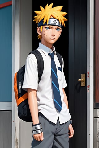 a highly detailed beautiful portrait of Naruto Uzumaki that looks like a Indonesian high school students, wearing a white short-sleeved shirt and gray blue formal trousers and wearing a plain gray tie, wearing black shoes, wearing an orange waist bag, leaning on the doorway of a street, designed in Studio Gibhli style