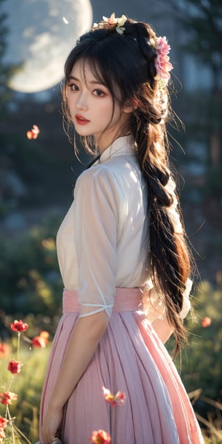 masterpiece, best quality, 1girl, (colorful),(finely detailed beautiful eyes and detailed face),light pink hair, White lace dress, brown eyes,plaits hairstyle,cinematic lighting,bust shot,extremely detailed CG unity 8k wallpaper,white hair,solo,smile,intricate skirt,((flying petal)),(Flowery meadow) sky, cloudy_sky, building, moonlight, moon, night, (dark theme:1.3), light, fantasy,jisoo,1 girl,Asia,Woman ,z1l4,enhanc3d,beaded flower decoration,leonardo,DonM0ccul7Ru57,beaded flower,firefliesfireflies,Beautiful outdoor,wonder of beauty,miyeon,Haka,Chinese Clothes