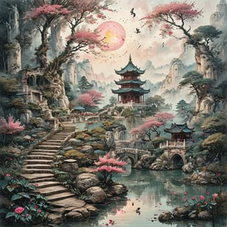 ink scenery, no humans, sunset, lake in the middle of the forest, big trees, blooming branches, pink flowers on the water, big temple with stairs, Chinese bridge over the pond, muted colors,  negative space,  chinese ink drawing