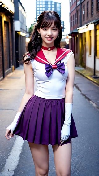 masterpiece, best quality, photorealistic, high_res, sama1, tiara, skirt, sailor senshi uniform, white gloves, red sailor collar, red skirt, star choker, elbow gloves, pleated skirt, bare legs, purple bow, standing, smile, moonlight, city, detailed background, finely detailed, intricate detailed, depth of field, low key, dslr, cowboy_shot,mai,nanase_nishino