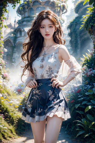 masterpiece, high image quality, high resolution, ultra-realistic, a girl with exquisite facial features, wearing a short skirt, walked into a small town that was like a fairyland on earth.,Add more details