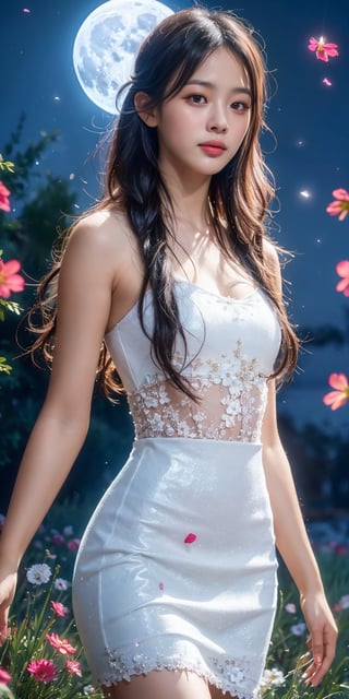 masterpiece, best quality, 1girl, (colorful),(finely detailed beautiful eyes and detailed face),light pink hair, White lace dress, brown eyes,plaits hairstyle,cinematic lighting,bust shot,extremely detailed CG unity 8k wallpaper,white hair,solo,smile,intricate skirt,((flying petal)),(Flowery meadow) sky, cloudy_sky, building, moonlight, moon, night, (dark theme:1.3), light, fantasy,jisoo,1 girl,Asia,Woman ,z1l4,enhanc3d,beaded flower decoration,leonardo,DonM0ccul7Ru57,beaded flower,firefliesfireflies,Beautiful outdoor
