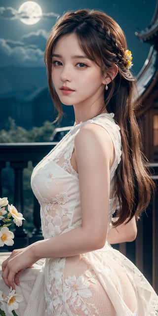 masterpiece, best quality, 1girl, (colorful),(finely detailed beautiful eyes and detailed face),ight brown hair, White lace dress, brown eyes,plaits hairstyle,cinematic lighting,bust shot,extremely detailed CG unity 8k wallpaper,white hair,solo,smile,intricate skirt,((flying petal)),(Flowery meadow) sky, cloudy_sky, building, moonlight, moon, night, (dark theme:1.3), light, fantasy,jisoo,1 girl,Asia,Woman ,z1l4