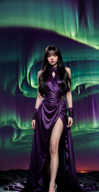 a female character with long, flowing hair that appears to be made of ethereal, swirling patterns resembling the Northern Lights or Aurora Borealis. The background is dominated by deep blues and purples, creating a mysterious and dramatic atmosphere. The character's face is serene, with pale skin and striking features. She wears a dark-colored outfit with subtle patterns. The overall style of the artwork is reminiscent of fantasy or supernatural genres,lisa,1 girl 