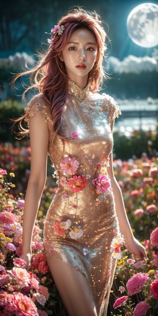 masterpiece, best quality, 1girl, (colorful),(finely detailed beautiful eyes and detailed face),light pink hair, White lace dress, brown eyes,plaits hairstyle,cinematic lighting,bust shot,extremely detailed CG unity 8k wallpaper,white hair,solo,smile,intricate skirt,((flying petal)),(Flowery meadow) sky, cloudy_sky, building, moonlight, moon, night, (dark theme:1.3), light, fantasy,jisoo,1 girl,Asia,Woman ,z1l4,enhanc3d,beaded flower decoration,leonardo