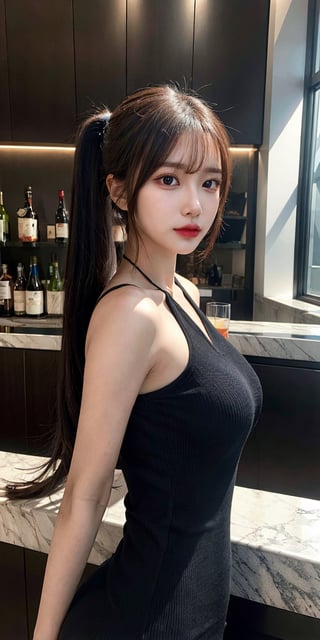 anime, lixu, a woman with long black ponytail hair, three front hair strands, purple eyes, a white one-piece outfit, at the bar, 8k, unreal engine, octane render, by kyun, gamang, Yoon Gon-Ji, g.ho, gosonjak, shuroop, serious, domi, noah, trending on pixiv, fanbox, skeb, masterpiece, smooth soft skin, big dreamy eyes, beautiful intricate colored hair, symmetrical, anime wide eyes, soft lighting, concept art, digital painting, 