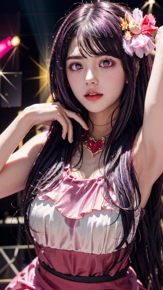 masterpiece, best quality,stage,1girl,purple hair,long hair,hair ornament, symbol-shaped pupils,pink dress,pink clothes,(simple background:0.5), (kbxll:0.6),Detailedface