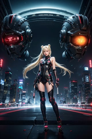 high-detail、high-level image quality、rialistic photo、Japan pretty girls、a blond、Twinte、cyberpunked、Futuristic city at night、miku hatsune、full body seen、Violent explosion、Combat with robots、a scene from a movie、arma,Korean
