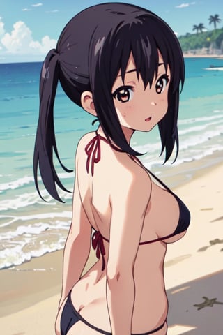 look back, portrait, big_breasts, (((best quality))),(((ultra detailed))),(((masterpiece))),illustration, 1girl, young, (joyful_expression: 1.1), (micro_bikini: 1.1), standing_on_beach, front_view, seashell, beach_background, azusa nakano