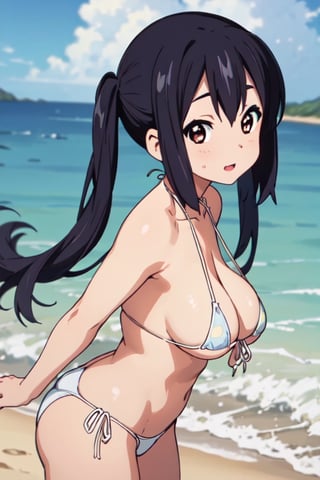 look back, portrait, big_breasts, (((best quality))),(((ultra detailed))),(((masterpiece))),illustration, 1girl, young, (joyful_expression: 1.1), (micro_bikini: 1.1), standing_on_beach, front_view, seashell, beach_background, azusa nakano