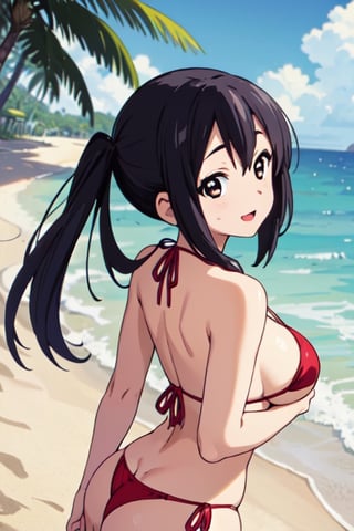 look back, portrait, big_breasts, (((best quality))),(((ultra detailed))),(((masterpiece))),illustration, 1girl, young, (joyful_expression: 1.1), (micro_bikini: 1.1), standing_on_beach, front_view, seashell, beach_background, azusa nakano