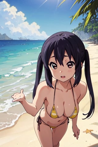 look back, portrait, big_breasts, (((best quality))),(((ultra detailed))),(((masterpiece))),illustration, 1girl, young, (joyful_expression: 1.1), (micro_bikini: 1.1), standing_on_beach, front_view, seashell, beach_background, azusa nakano