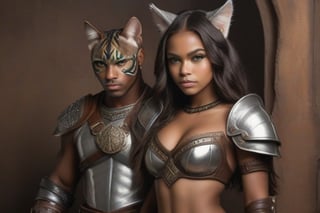 glamor shot, 1girl 1man,dark skinned Young girl wearing brown leather armor and pants, real cat ears, tail(1.5), green eyes, petite, dagger and buckler, <break> muscular Polynesian man(1.3) with cat ears and eyes(1.5), wearing full silver plate armor, mace and shield,  intricately detailed,  dramatic, Masterpiece, HDR, beautifully shot, hyper-realistic, sharp focus, 64 megapixels, perfect composition, high contrast, cinematic, atmospheric, Ultra-High Resolution, amazing natural lighting, crystal clear picture, Perfect camera focus, photo-realistic