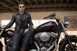 A young man(Hugh Jackman 1.5), wearing mirrored sunglasses and clad in a black leather jacket adorned with a fiery skull on its back, sits astride his Harley Sportster motorcycle. Medium-angle shot, full-body glamor. The camera captures the intricate details of his rugged features and the bike's sleek design. ISO 150, shutter speed 3 seconds, aperture f/6. The image is dramatic, a masterpiece of HDR photography with hyper-realistic sharp focus, 64 megapixels, perfect composition, high contrast, and cinematic atmospheric lighting. Natural light bathes the scene, producing a crystal-clear picture with perfect camera focus, photo-realistic in its detail.