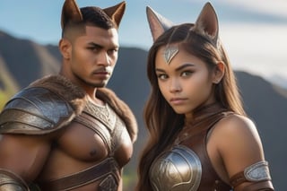 glamor shot, 1girl 1man, Young girl wearing brown leather armor and pants, real cat ears, tail(1.5), green eyes, petite, dagger and buckler, <break> muscular Polynesian man(1.3) with cat ears and eyes(1.5), wearing full silver plate armor, mace and shield,  intricately detailed,  dramatic, Masterpiece, HDR, beautifully shot, hyper-realistic, sharp focus, 64 megapixels, perfect composition, high contrast, cinematic, atmospheric, Ultra-High Resolution, amazing natural lighting, crystal clear picture, Perfect camera focus, photo-realistic