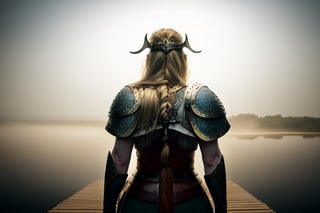 A majestic Viking warrior stands tall on the dock's edge, long blond braids cascading down her back as she gazes out at the horizon. Her piercing blue eyes seem to bore into the distance, intensity and determination etched upon her face. Chainmail armor glistens in the soft, golden light of dawn as she grasps a longsword with confidence. The camera captures her in full glory, ISO 150 and shutter speed 3seconds combining for a sharp, cinematic image. F/6 aperture and 64 megapixels ensure intricate details and perfect composition. The atmosphere is heightened by the misty morning air, natural lighting casting an ethereal glow. Crystal-clear focus and breathtaking HDR bring this Viking masterpiece to life.,modelshoot style