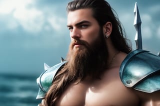 Glamor shot, medium distance Under the ocean, Poseidon a powerfully-built greek man with a thick, flowing beard and hair(with hints of blue and green highlites) wearing aquamarine armor, a bejeweled crown and holding a large trident., intricately detailed,  dramatic, Masterpiece, HDR, beautifully shot, hyper-realistic, sharp focus, 64 megapixels, perfect composition, high contrast, cinematic, atmospheric, Ultra-High Resolution, amazing natural lighting, crystal clear picture, Perfect camera focus, photo-realistic
 Muscle,z1l4