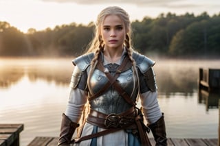 A majestic Viking warrior stands tall on the dock's edge in a full-body shot (1.5), her long blond braids cascading down her back as she unsheathes her longsword. The soft, golden light of dawn illuminates her chainmail armor, casting a warm glow on her determined face and piercing blue eyes. Her confident grasp on the longsword is captured in sharp detail, with the camera positioned to showcase her entire figure. The atmosphere is mystical, with misty morning air adding an ethereal quality to the scene. The subject's intense gaze seems to pierce through the fog, exuding a sense of strength and valor.