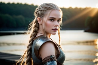 A majestic Viking warrior stands tall on the dock's edge, long blond braids cascading down her back as she unsheathes her longsword. Her piercing blue eyes seem to bore into the distance, intensity and determination etched upon her face. Chainmail armor glistens in the soft, golden light of dawn as she grasps a longsword with confidence. The camera captures her in full glory, ISO 150 and shutter speed 3seconds combining for a sharp, cinematic image. F/6 aperture and 64 megapixels ensure intricate details and perfect composition. The atmosphere is heightened by the misty morning air, natural lighting casting an ethereal glow. Crystal-clear focus and breathtaking HDR bring this Viking masterpiece to life.,modelshoot style