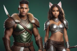 glamor shot, 1girl 1man,dark skinned Young girl wearing brown leather armor and pants, real cat ears, tail(1.5), green eyes, petite, dagger and buckler, <break> muscular Polynesian man(1.3) with cat ears and eyes(1.5), wearing full silver plate armor, mace and shield,  intricately detailed,  dramatic, Masterpiece, HDR, beautifully shot, hyper-realistic, sharp focus, 64 megapixels, perfect composition, high contrast, cinematic, atmospheric, Ultra-High Resolution, amazing natural lighting, crystal clear picture, Perfect camera focus, photo-realistic