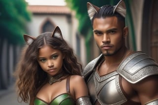 glamor shot, 1girl 1man,dark skinned Young girl wearing brown leather armor and pants, real cat ears, tail(1.5), green eyes, petite, dagger and buckler, <break> muscular Polynesian man(1.3) with cat ears and eyes(1.5), wearing full silver plate armor, mace and shield,  intricately detailed,  dramatic, Masterpiece, HDR, beautifully shot, hyper-realistic, sharp focus, 64 megapixels, perfect composition, high contrast, cinematic, atmospheric, Ultra-High Resolution, amazing natural lighting, crystal clear picture, Perfect camera focus, photo-realistic