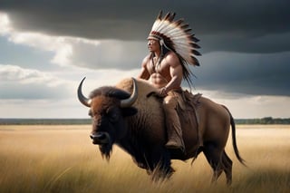 glamor shot, full-body_portrait(1.5),a native american warrior sneaking through the tall grass on a prarie, on a Bison under a summer sky  intricately detailed,  dramatic, Masterpiece, HDR, beautifully shot, hyper-realistic, sharp focus, 64 megapixels, perfect composition, high contrast, cinematic, atmospheric, Ultra-High Resolution, amazing natural lighting, crystal clear picture, Extremely Realistic,beautymix,
