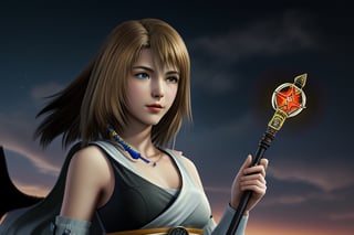Glamor shot,  medium close up, Final fantasy 10, Yuna, one blue eye one green eye Heterochromia(1.5) brown straight shoulder length hair, holding a summoners staff(1.2) , lightning striking the ground in several places under a dark cloudy sky at night HDR,  hyper-real Lighting,  Photo-realistic,  extreme detailed, 16k resolution 64 megapixels,  wide-angle lens, ultra-realistic  wind effects, ,YunaFFX