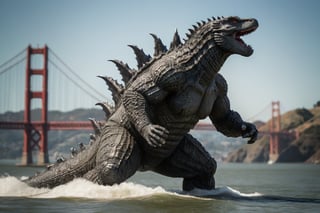 Cinematic Shot, Full body shot, Close up, Godzilla emerging from the San Francisco Bay and moving towards the Golden Gate Bridge.  a battleship in the background, intricately detailed,  dramatic, Masterpiece, HDR, beautifully shot, hyper-realistic, sharp focus, 64 megapixels, perfect composition, high contrast, cinematic, atmospheric, Ultra-High Resolution, amazing natural lighting, crystal clear picture, Perfect camera focus, photo-realistic