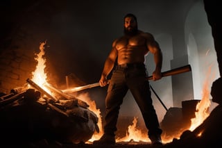 Glamor shot, medium distance full body shot, ankle shot(1.5)Haphaetus, very muscular shirtless short man with thick black beard and hair, glistening with sweat  huge smithing hammer with both hands working at an anvil, in front of a great forge superbly detailed,  dramatic, Masterpiece, HDR, beautifully shot, hyper-realistic, sharp focus, 64 megapixels, perfect composition, high contrast, cinematic, atmospheric, Ultra-High Resolution, amazing natural lighting, crystal clear picture, Perfect camera focus, photo-realistic
 Muscle,flames, fire