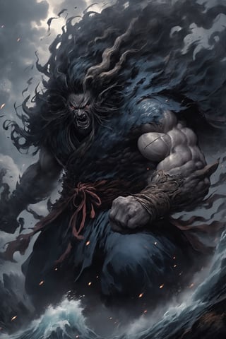 Japanese ancient mythology portrays Susano'o, the god of storms and destruction. He is often depicted as a powerful and tempestuous deity, known for his tumultuous personality and impulsive behavior. Susano'o's actions frequently bring chaos and upheaval, yet he also possesses the capacity for great bravery and heroism. Despite his penchant for destruction,enhancing the opulent yet rebellious aesthetic. ,dal