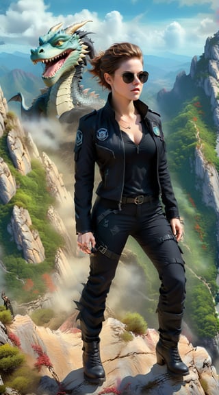 realistic full body portrait of a beautiful CIA woman standing on top of a mountain,(Kristen Stewart),body model portrait,clear facial features,perfect body,perfect in every way,dark sunglasses,form-fitting black uniform of CIA agent,rule of thirds,cinematic lighting,painterly,
Background:flying dragon soaring behind her from the cliff,,sharp focus, studio photo, intricate details, hyper-realistic, wide shot,dragon_h,real_booster