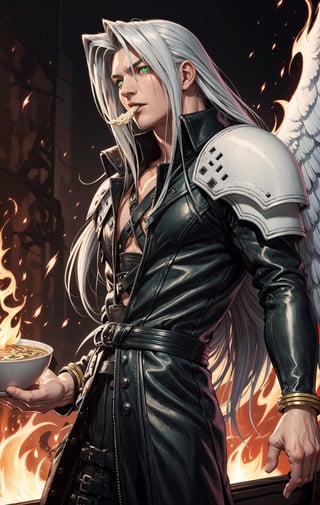 Sephiroth (Final Fantasy),single white wing,one winged angel wing,green glowing eyes,arrogant,manly,confident,eating ramen,dramatic,fire,