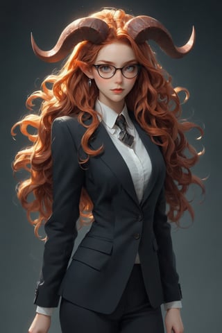 1Little girl, (masterful), albino demon queen, (long intricate horns:1.2),Long red hair,deep cleavage, Girl in a sleek and professional outfit,glasses, embodying the essence of a career woman. She wears a tailored, form-fitting suit in charcoal gray or navy blue, accentuating her slender figure and exuding confidence and authority. Her crisp white blouse adds a touch of elegance, Completing the ensemble are polished heels and subtle yet stylish accessories, such as a sleek briefcase or a statement necklace
,Christmas Fantasy World,ct-niji2