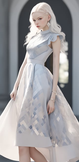 young, stylish Nordic albino woman,She wears a knee-length,ultra transparent dress with an intricate argyle pattern in soft pastel colors,The dress features a fitted bodice and a flowing skirt, giving it a modern and elegant touch. Her long silver hair is styled into two sophisticated low pigtails that cascade down her shoulders. Accessorize with silver hoop earrings and a delicate silver bracelet. Ensure she exudes confidence and a fashion-forward presence. The background could showcase a subtle blend of Nordic elements, like snowy landscapes or subtle Viking-inspired motifs. Create a visually stunning representation that seamlessly combines the unique beauty of albinism with contemporary Nordic fashion ,Angel 