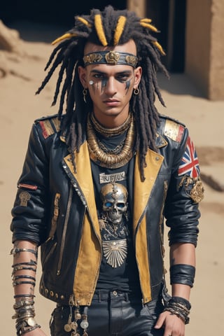 ancient egyptian pharaoh Tutankhamun,donned in a vibrant and edgy punk rock fashion ensemble, complete with Ratty dreads, More patchs, Crust core, anti union flag design, dirty torn studded leather jacket, hardcore Punk Style jacket, lot Punk badge, dirty black leather pants, dirty long torn leather bootsstuds, and unconventional accessories, rebellious punk aesthetic, ,EgyptPunkAI